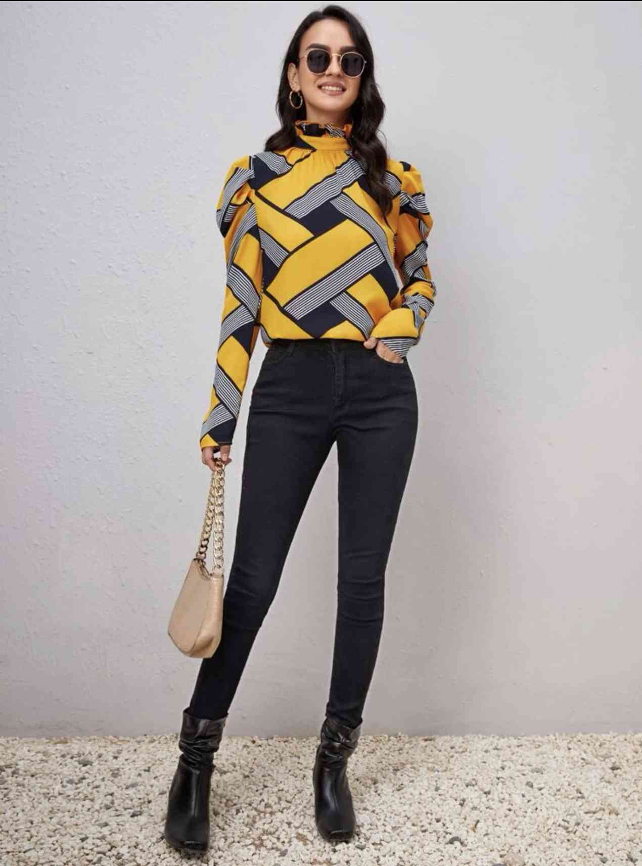 Patchwork Print Stand Neck Blouse