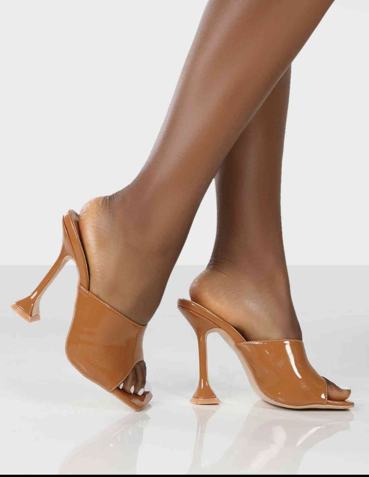 Flame Tan Patent Square Open Toe Heeled Mule